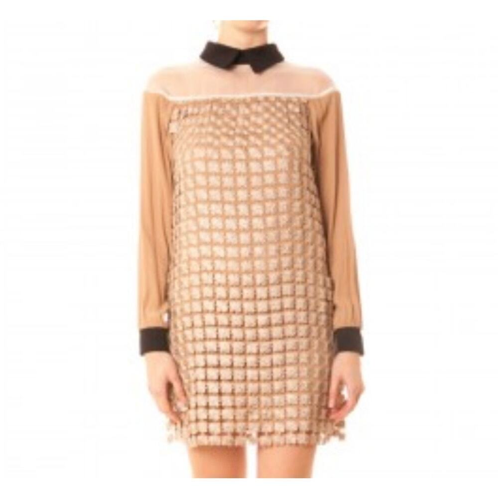 TWIN-SET Open Crochet Knit Metallic Collared Sheer Mini Shift Dress - Sz Small